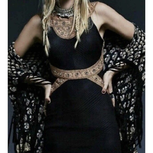 Free People Dress Black Gold Nefertiti Mini Halter Mirror Bodycon XS - Picture 1 of 15